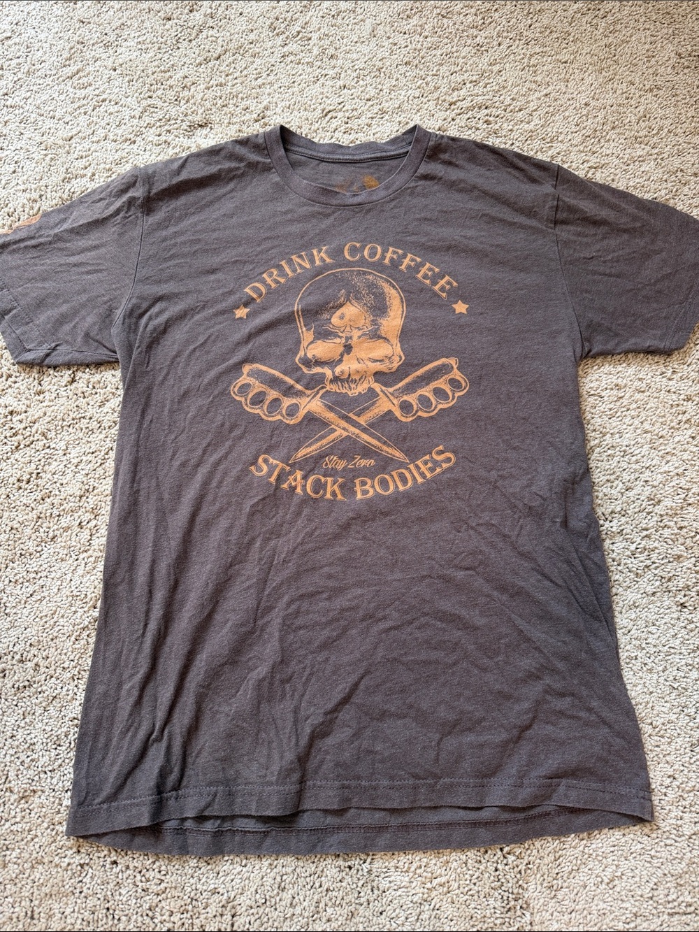 Brown Short Sleeve Graphic Tee with Orange Skull & Wrench Design Drink Coffee